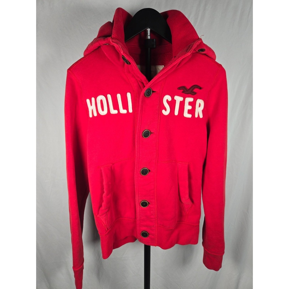 Hollister Hoodie Sz S Red Button Front Spell Out Logo Y2K Sweatshirt Jacket
